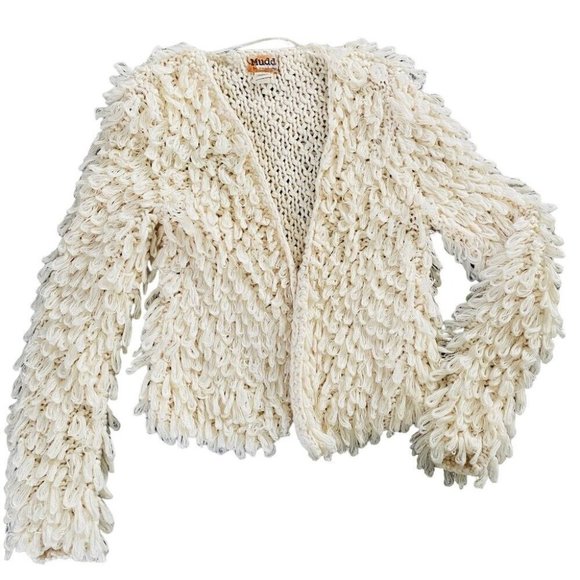 Loopy Knit Cardigan Open Front Shaggy Fringe Sweater Jacket Ivory S - Picture 2 of 10